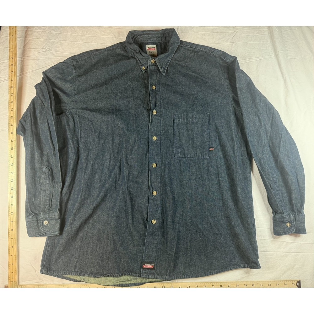Dickies Denim Shirt Men 3XL Blue Long Sleeve Button Up Pocket Blue Workwear